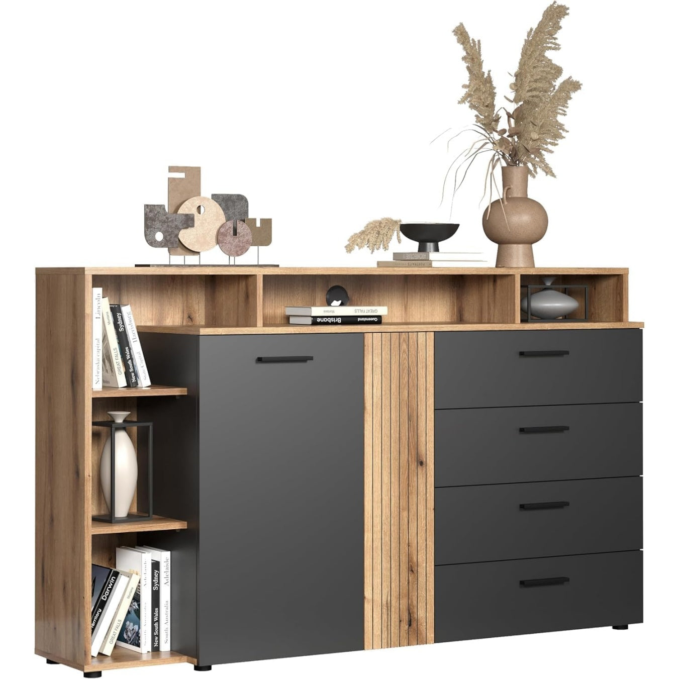 TV-Kommode in Grau und Eiche mit 2 T¨¹ren, 4 Schubladen und 5 offenen F?chern, f¨¹r Fernseher bis 65 Zoll, 168 ¡Á 1