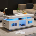 Couchtisch in Hochglanz Wei? mit LED-Beleuchtung, Schrank, offenen F?chern und Lad