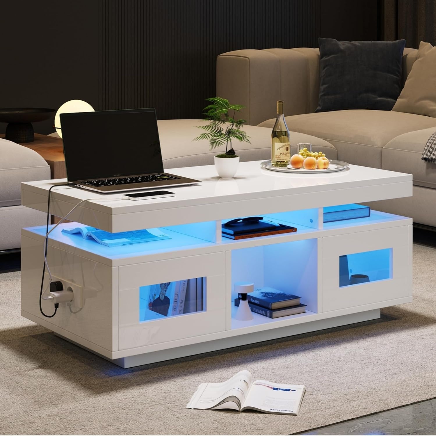 Couchtisch in Hochglanz Wei? mit LED-Beleuchtung, Schrank, offenen F?chern und Lad