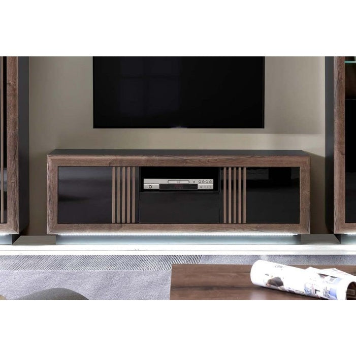 TV-Lowboard mit 2 T¨¹ren und 1 Schublade aus Holzwerkstoff in Schwarz, Edeleiche und Schwarz Hochglanz, 162,7 ¡Á 56,2