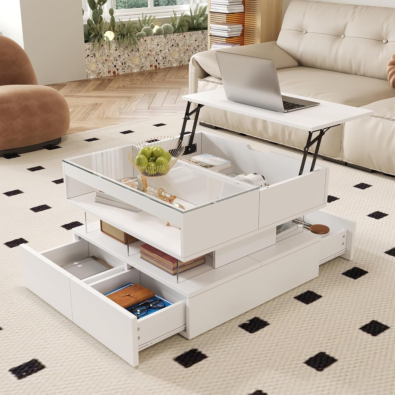 H?henverstellbarer Couchtisch mit Glasplatte, LED-Beleuchtung, Stauraum und Schubladen, 70 ¡Á