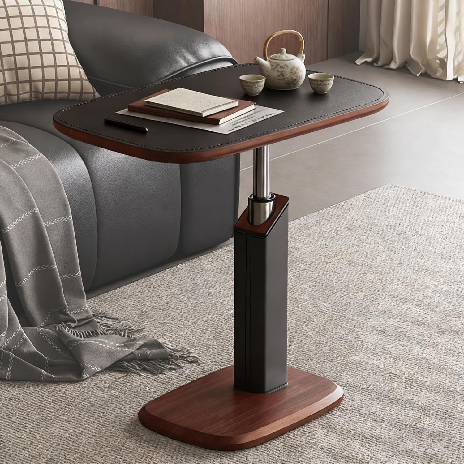 H?henverstellbarer C-f?rmiger Beistelltisch mit Rollen und drehbarer Tischplatte f¨¹r Sofa