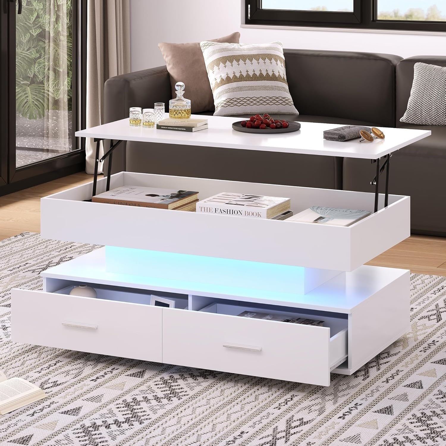 H?henverstellbarer Couchtisch mit LED-Beleuchtung, 2 Schubladen sowie offenem und versteckte
