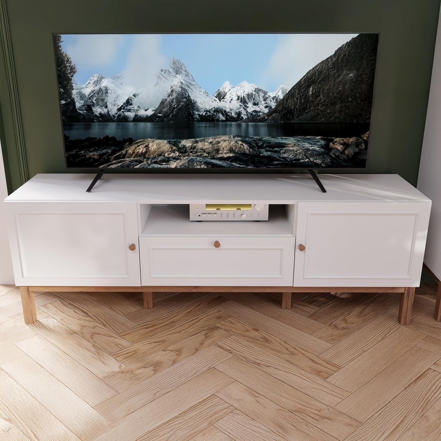 TV-Lowboard im Landhausstil mit 2 T¨¹ren, 1 Schublade und offenem Fach aus Holzwerkstoff in Secret Grey und Schlammeiche, 159,6 ¡Á 53,4