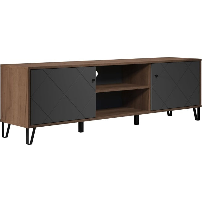 TV-Schrank in Grau und Eiche mit 2 T¨¹ren und 2 offenen F?chern, f¨¹r Fernseher bis 65 Zoll, 183 ¡Á