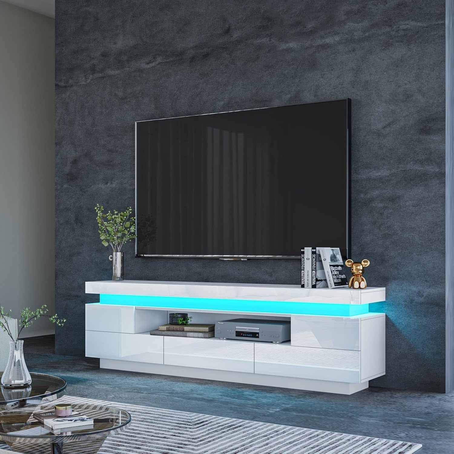 TV-Lowboard in Wei? mit 5 Schubladen, offenem Regal und LED-Beleuchtu