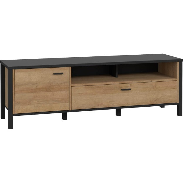 TV-Unterschrank mit 1 T¨¹r und 1 Schublade aus Holzwerkstoff in Schwarz und Riviera-Eiche, 151,3 ¡Á 49,9