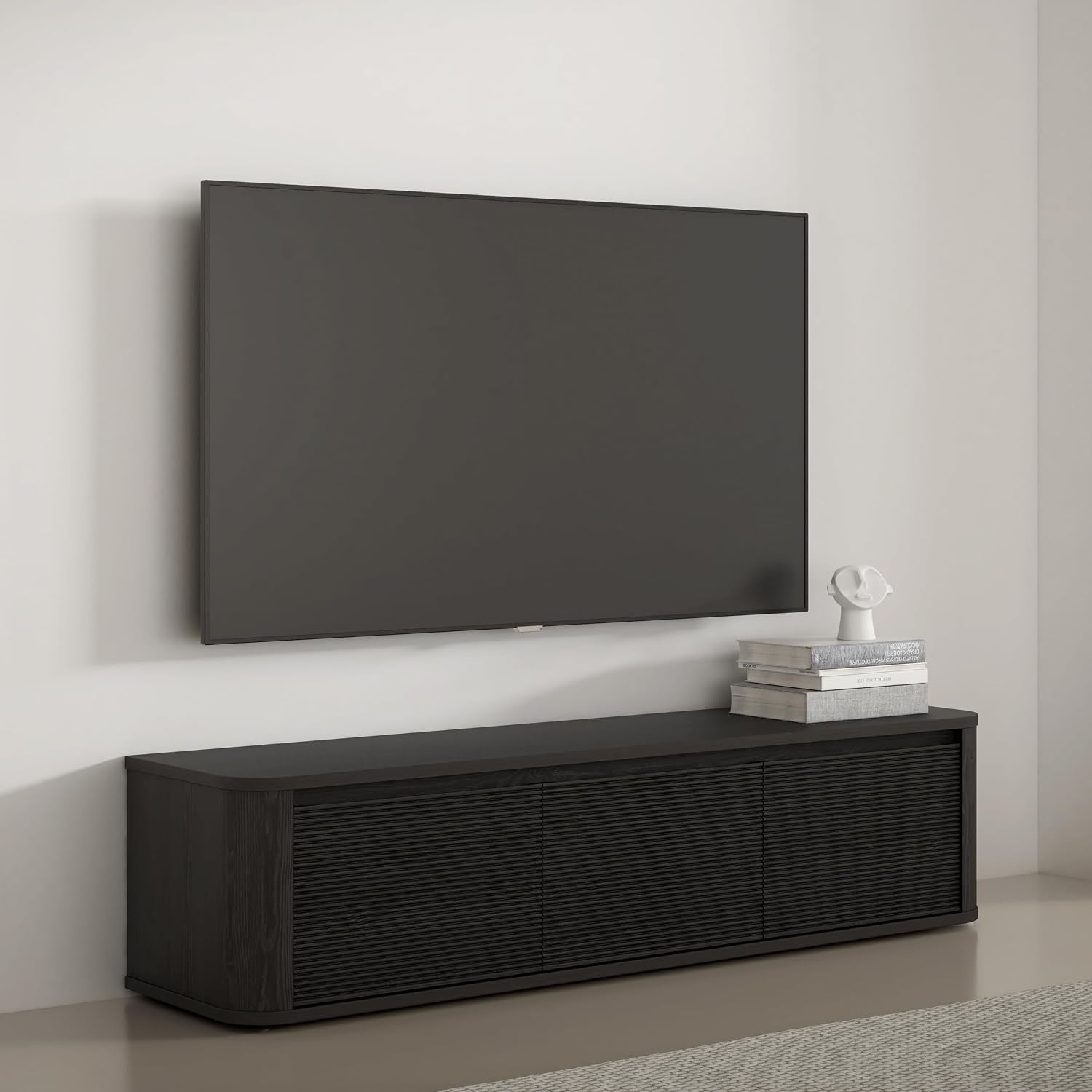 TV-Lowboard mit 3 T¨¹ren und Relieffront aus Holzwerkstoff in Schwarz, 168 ¡Á 41,5