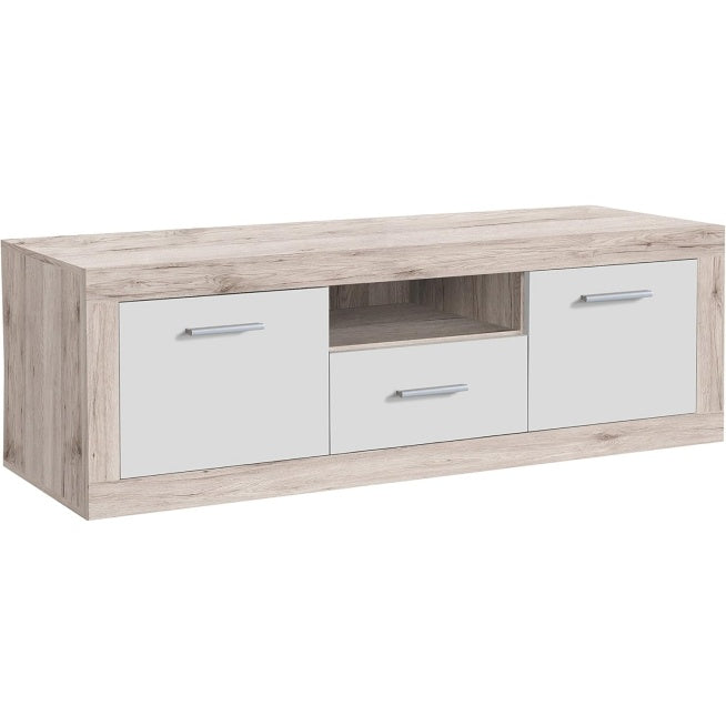 TV-Lowboard mit 2 T¨¹ren und 1 Schublade aus Holzwerkstoff in Sandeiche und Wei?, 147,8 ¡Á 41